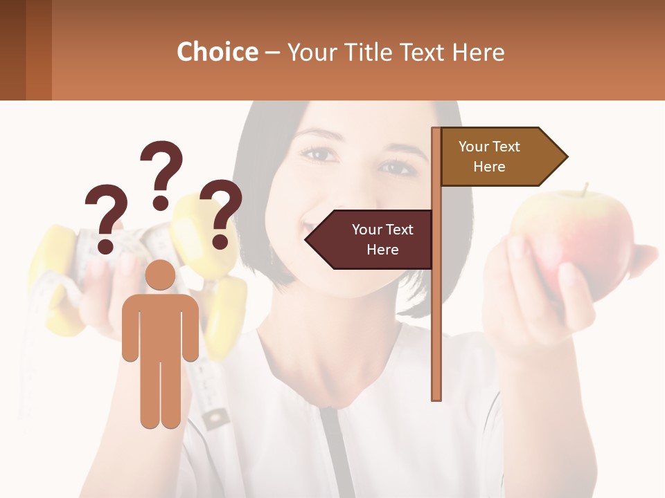 A Woman Holding An Apple And A Pair Of Dumbs PowerPoint Template