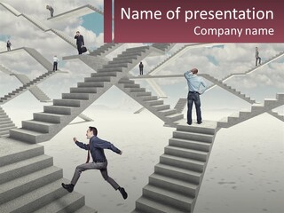 A Man Is Running Up A Staircase Of Stairs PowerPoint Template