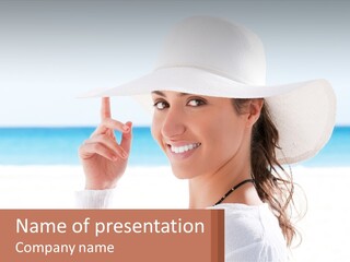 A Woman In A White Hat Pointing At The Camera PowerPoint Template