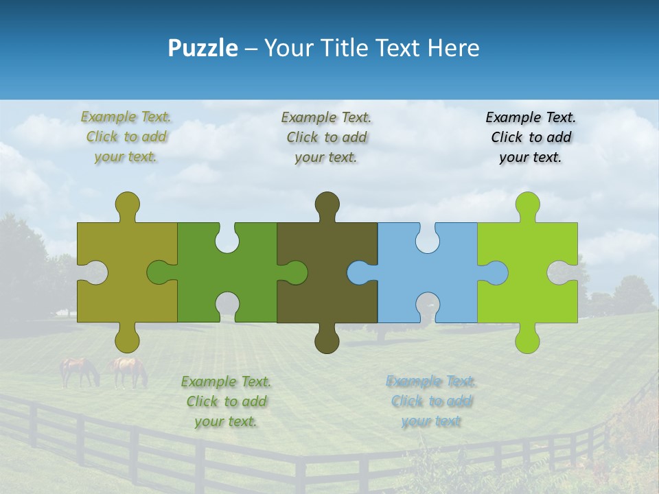 Two Horses Grazing In A Field With A House In The Background PowerPoint Template