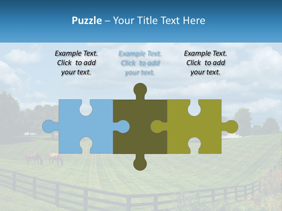 Two Horses Grazing In A Field With A House In The Background PowerPoint Template