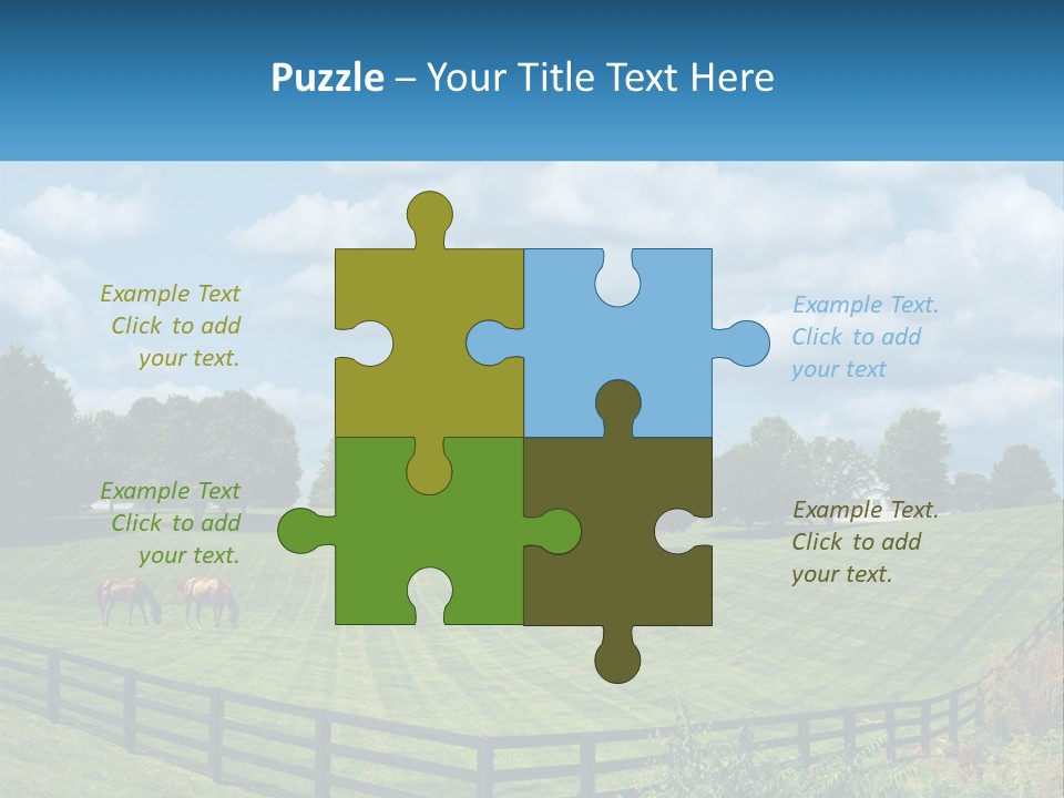 Two Horses Grazing In A Field With A House In The Background PowerPoint Template