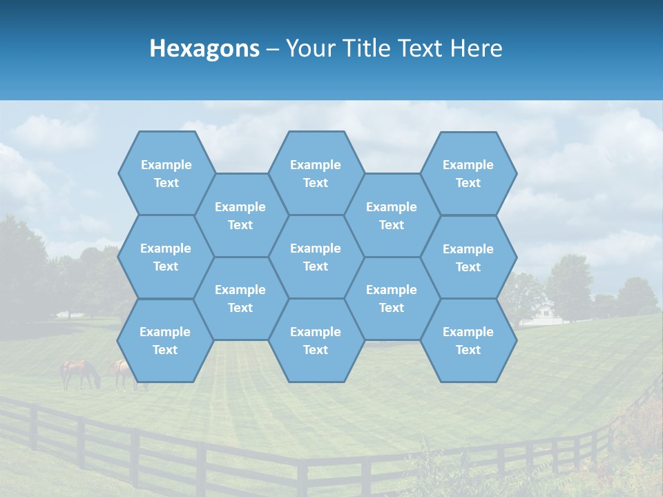 Two Horses Grazing In A Field With A House In The Background PowerPoint Template