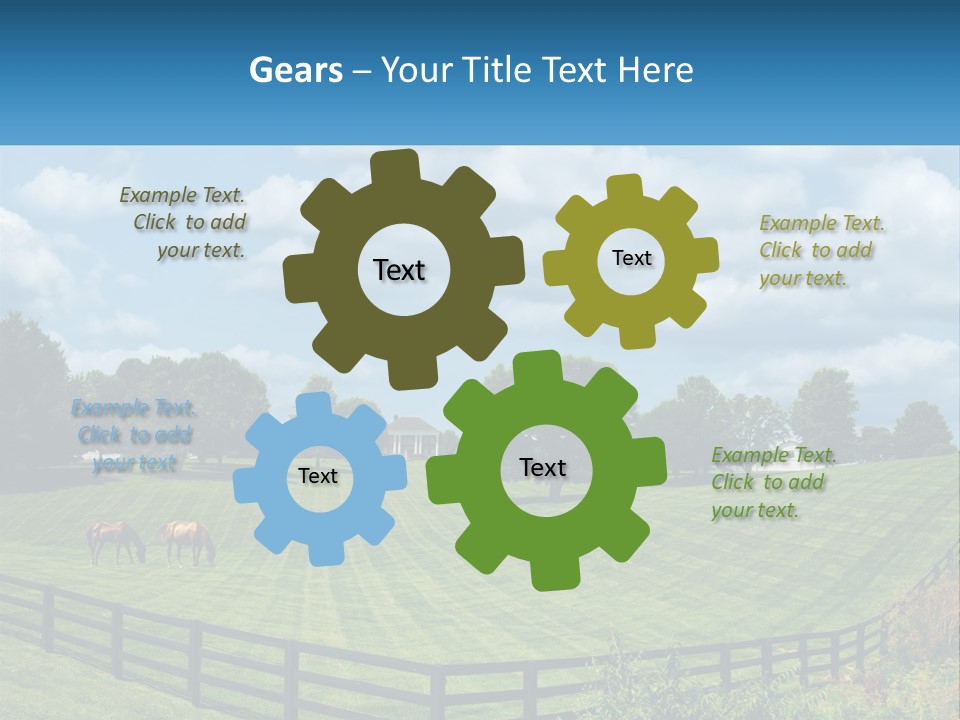 Two Horses Grazing In A Field With A House In The Background PowerPoint Template