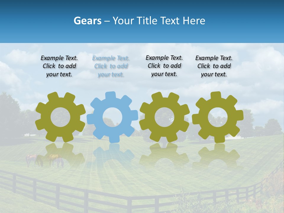 Two Horses Grazing In A Field With A House In The Background PowerPoint Template