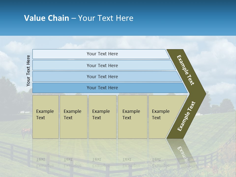 Two Horses Grazing In A Field With A House In The Background PowerPoint Template