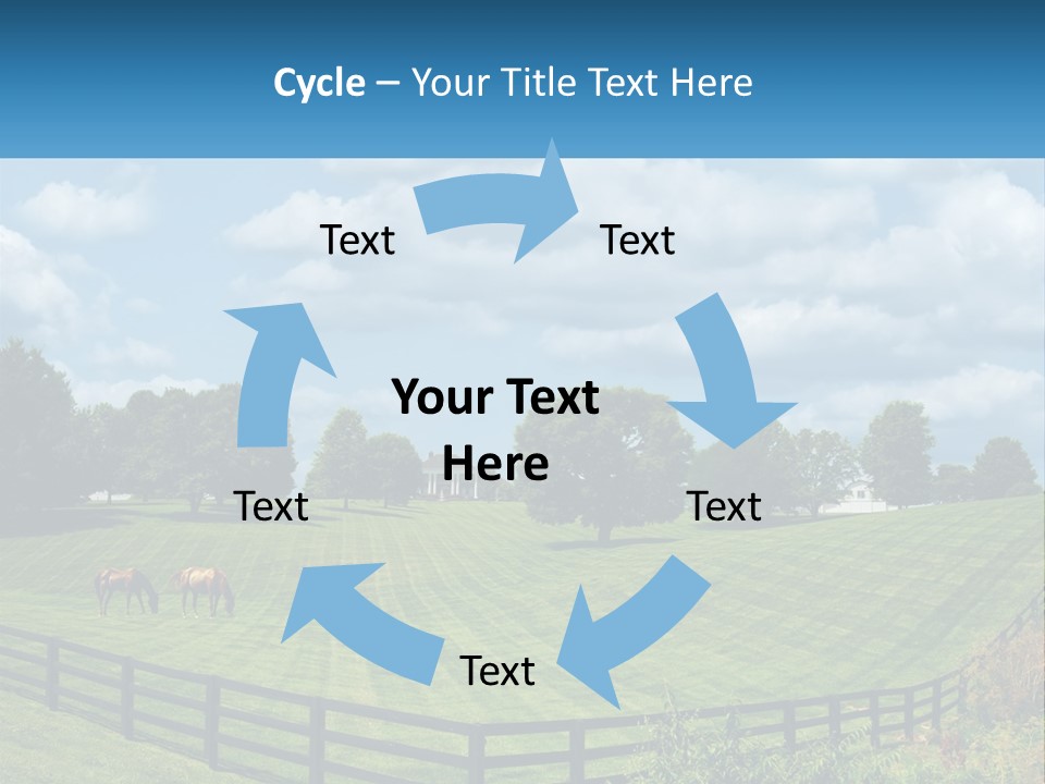 Two Horses Grazing In A Field With A House In The Background PowerPoint Template