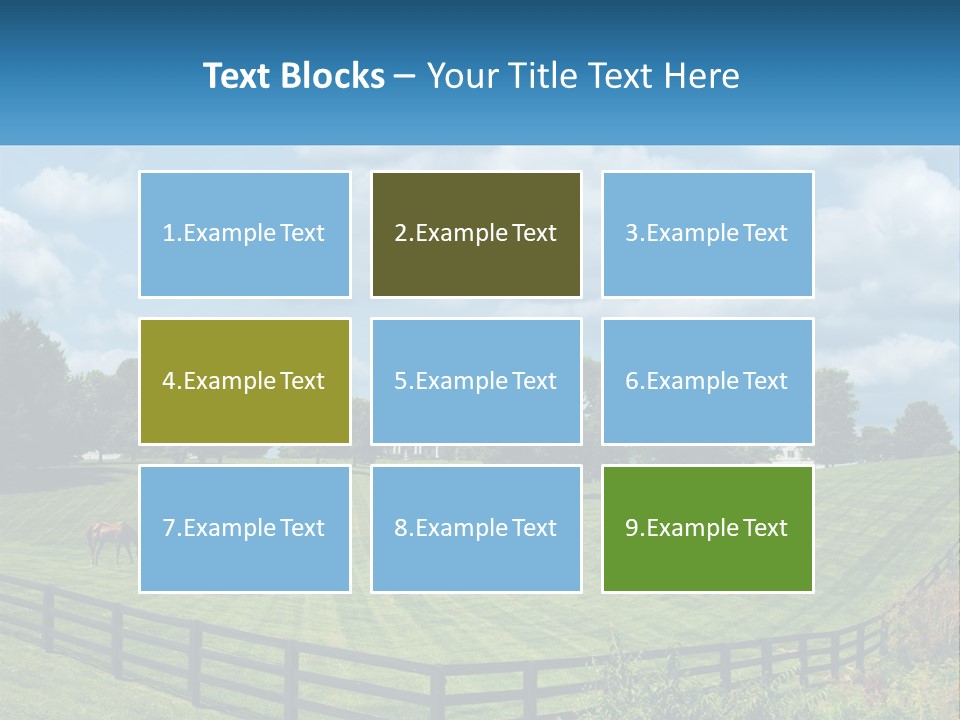 Two Horses Grazing In A Field With A House In The Background PowerPoint Template