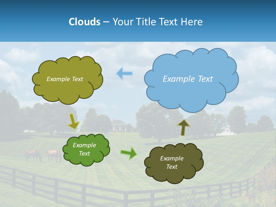Two Horses Grazing In A Field With A House In The Background PowerPoint Template