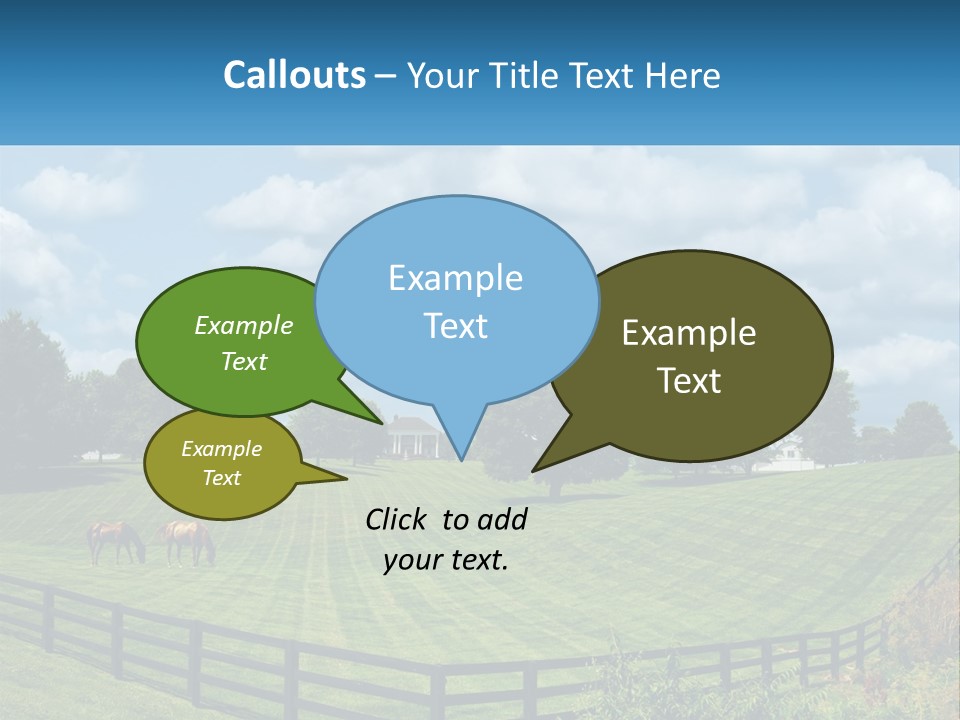 Two Horses Grazing In A Field With A House In The Background PowerPoint Template