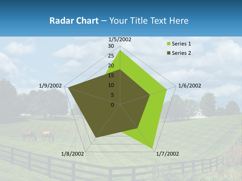 Two Horses Grazing In A Field With A House In The Background PowerPoint Template