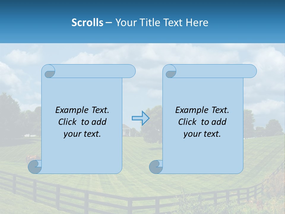Two Horses Grazing In A Field With A House In The Background PowerPoint Template