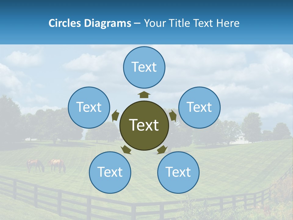 Two Horses Grazing In A Field With A House In The Background PowerPoint Template