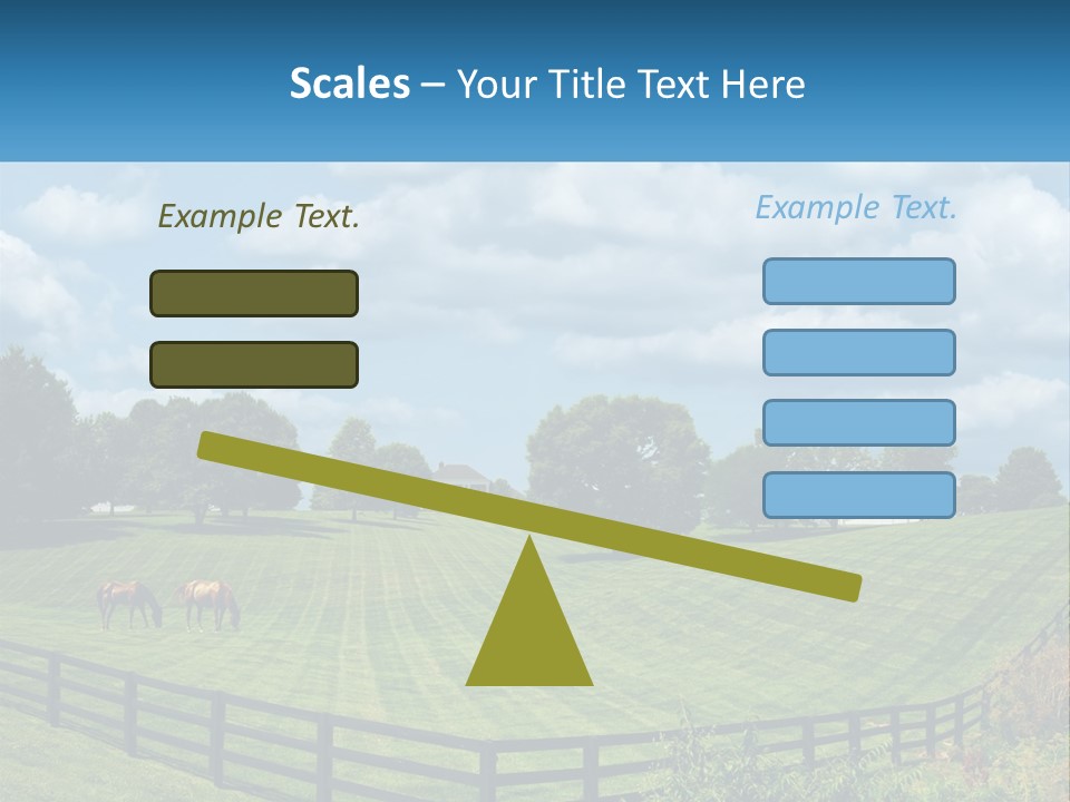 Two Horses Grazing In A Field With A House In The Background PowerPoint Template