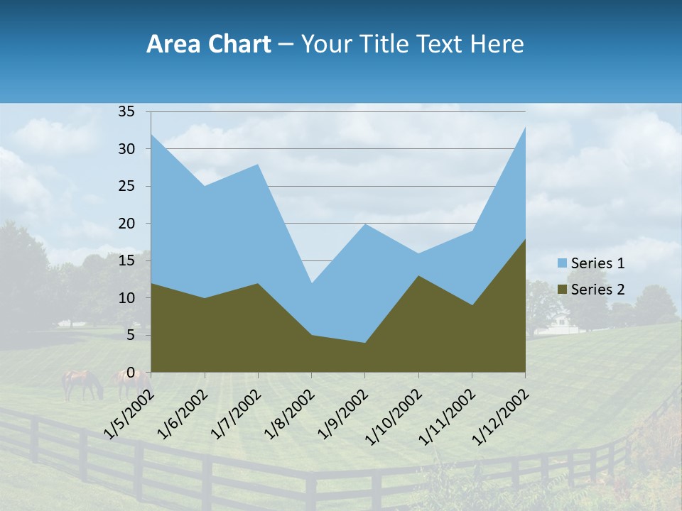 Two Horses Grazing In A Field With A House In The Background PowerPoint Template