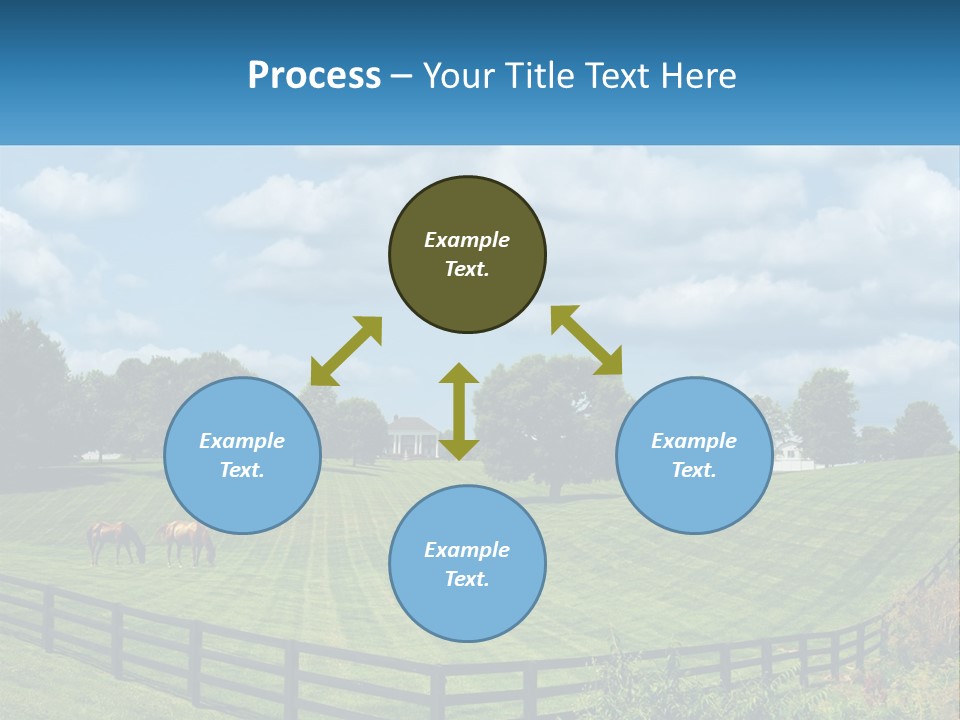 Two Horses Grazing In A Field With A House In The Background PowerPoint Template