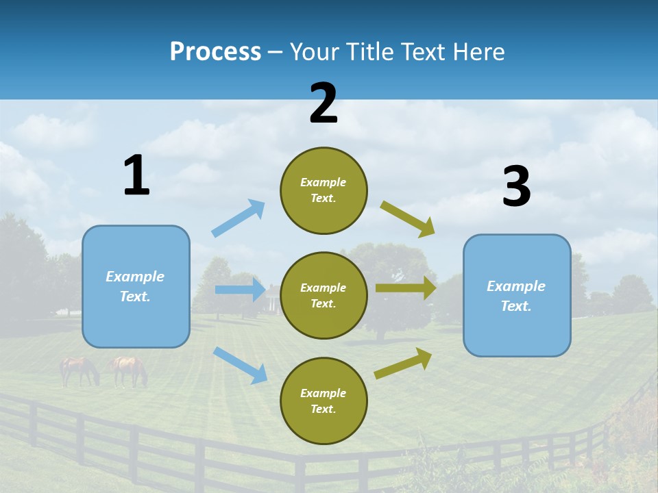 Two Horses Grazing In A Field With A House In The Background PowerPoint Template