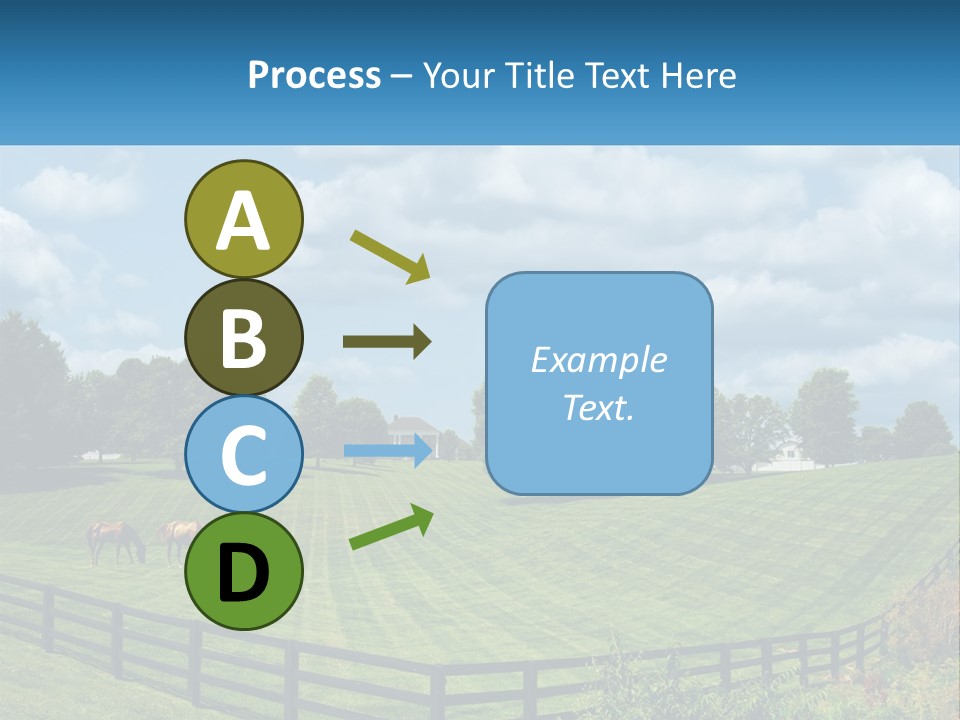 Two Horses Grazing In A Field With A House In The Background PowerPoint Template