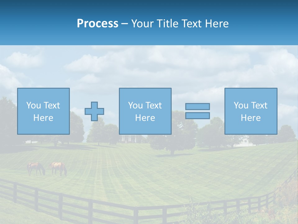 Two Horses Grazing In A Field With A House In The Background PowerPoint Template