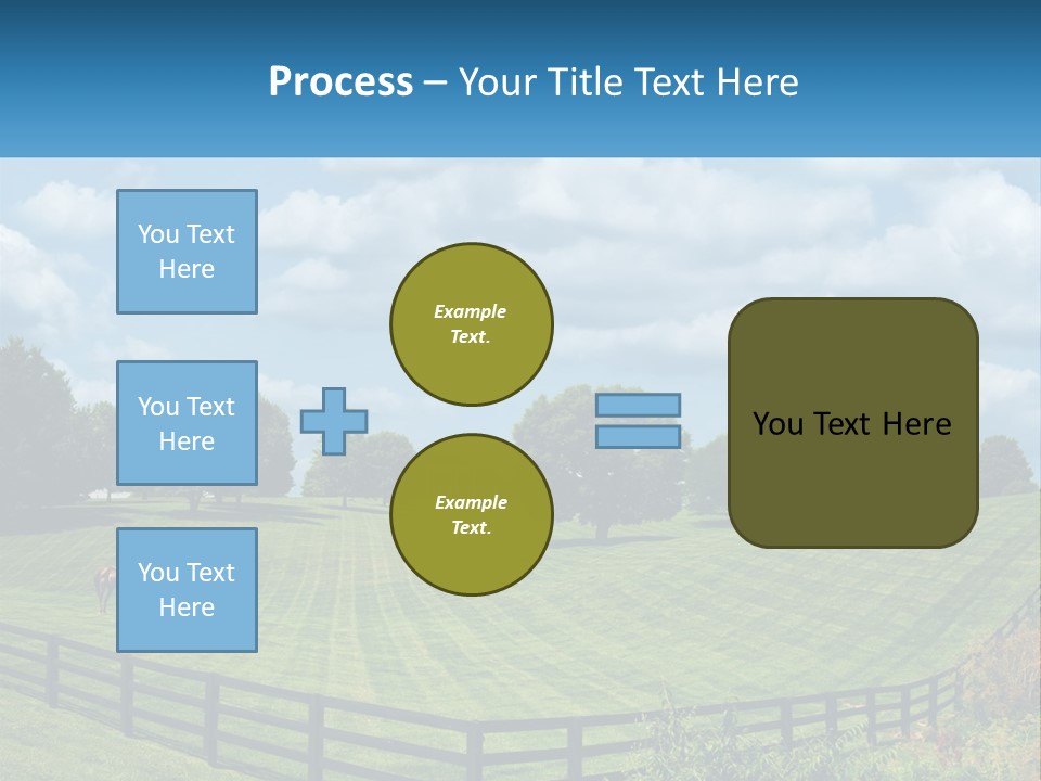Two Horses Grazing In A Field With A House In The Background PowerPoint Template