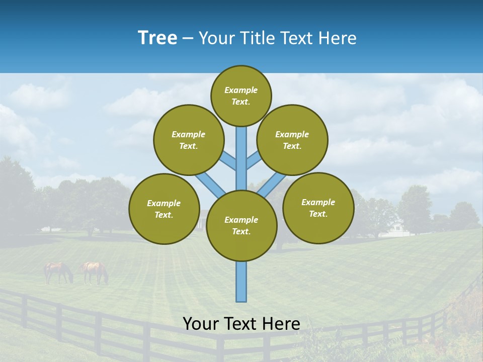 Two Horses Grazing In A Field With A House In The Background PowerPoint Template