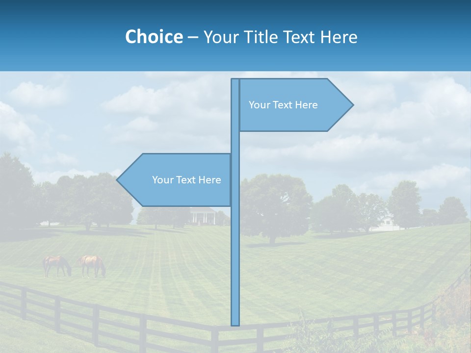 Two Horses Grazing In A Field With A House In The Background PowerPoint Template