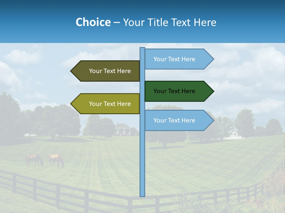 Two Horses Grazing In A Field With A House In The Background PowerPoint Template