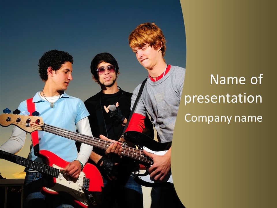 A Group Of Young Men Standing Next To Each Other Holding Guitars PowerPoint Template