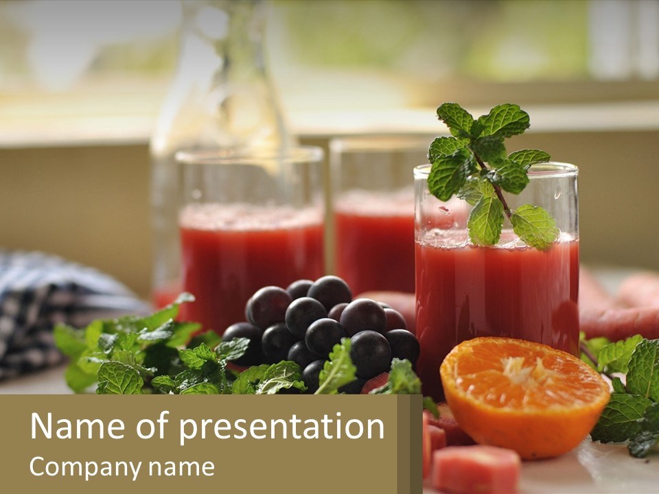 A Table Topped With Glasses Of Juice And Fruit PowerPoint Template