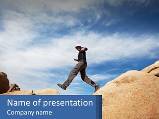 A Man Jumping Over A Large Rock On A Sunny Day PowerPoint Template