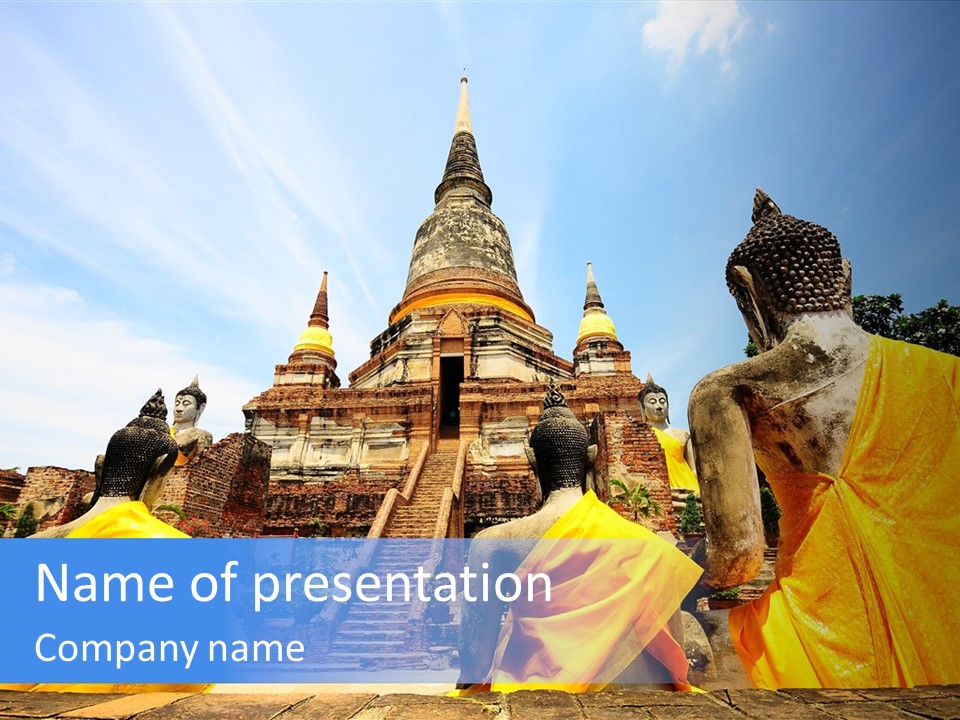 A Group Of Buddha Statues Sitting In Front Of A Building PowerPoint Template