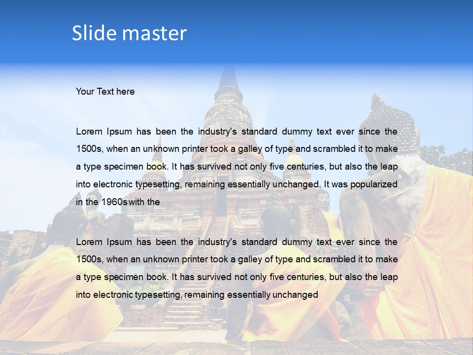 A Group Of Buddha Statues Sitting In Front Of A Building PowerPoint Template