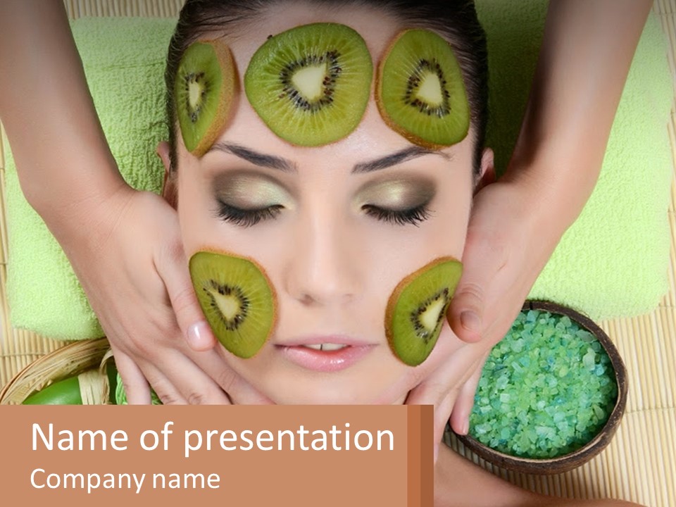 A Woman With Kiwi Slices On Her Face PowerPoint Template