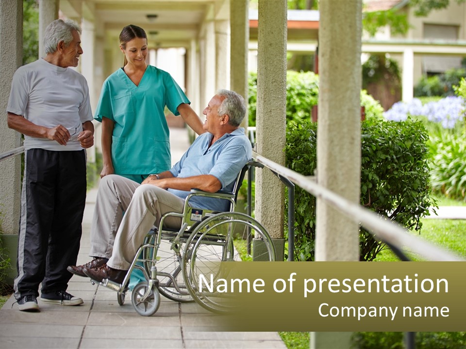 A Woman In A Wheelchair Talking To A Man In A Green Shirt PowerPoint Template