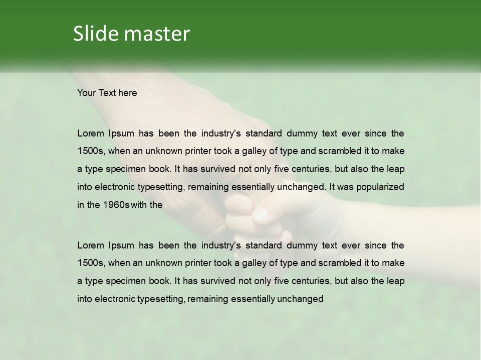 A Man Holding A Small Child's Hand In Front Of A Green Field PowerPoint Template