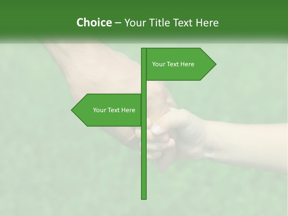 A Man Holding A Small Child's Hand In Front Of A Green Field PowerPoint Template
