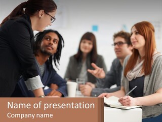 A Group Of People Sitting Around A Table Talking PowerPoint Template