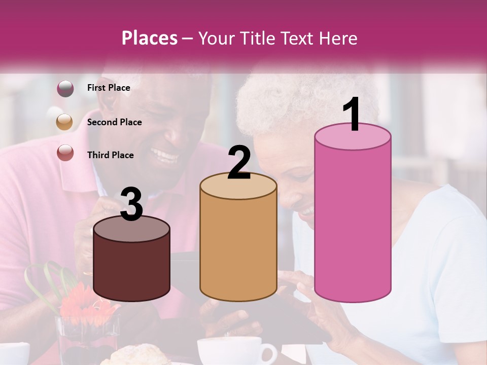 A Man And Woman Sitting At A Table Looking At A Tablet PowerPoint Template