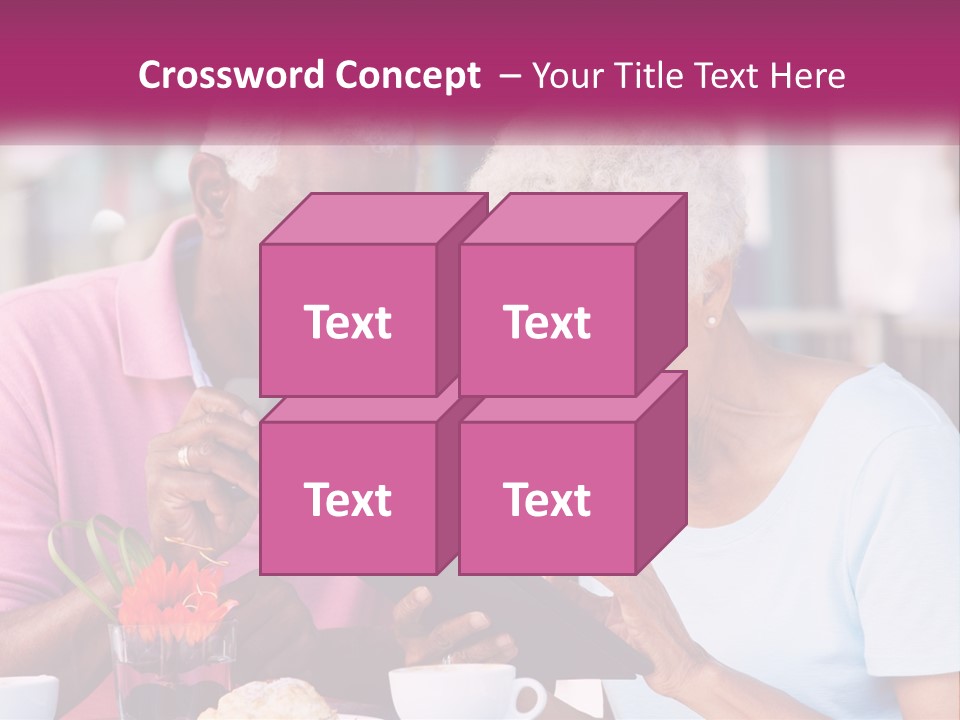 A Man And Woman Sitting At A Table Looking At A Tablet PowerPoint Template