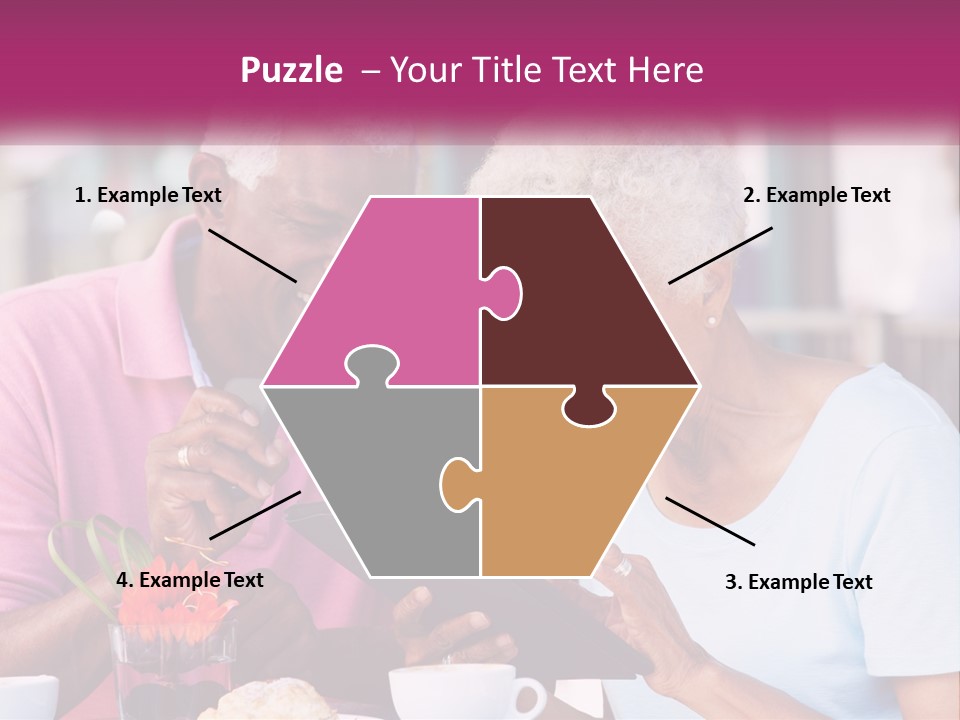 A Man And Woman Sitting At A Table Looking At A Tablet PowerPoint Template