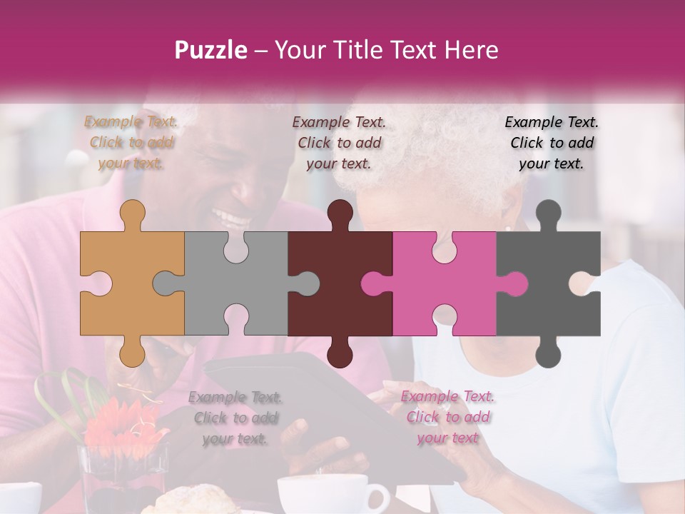 A Man And Woman Sitting At A Table Looking At A Tablet PowerPoint Template