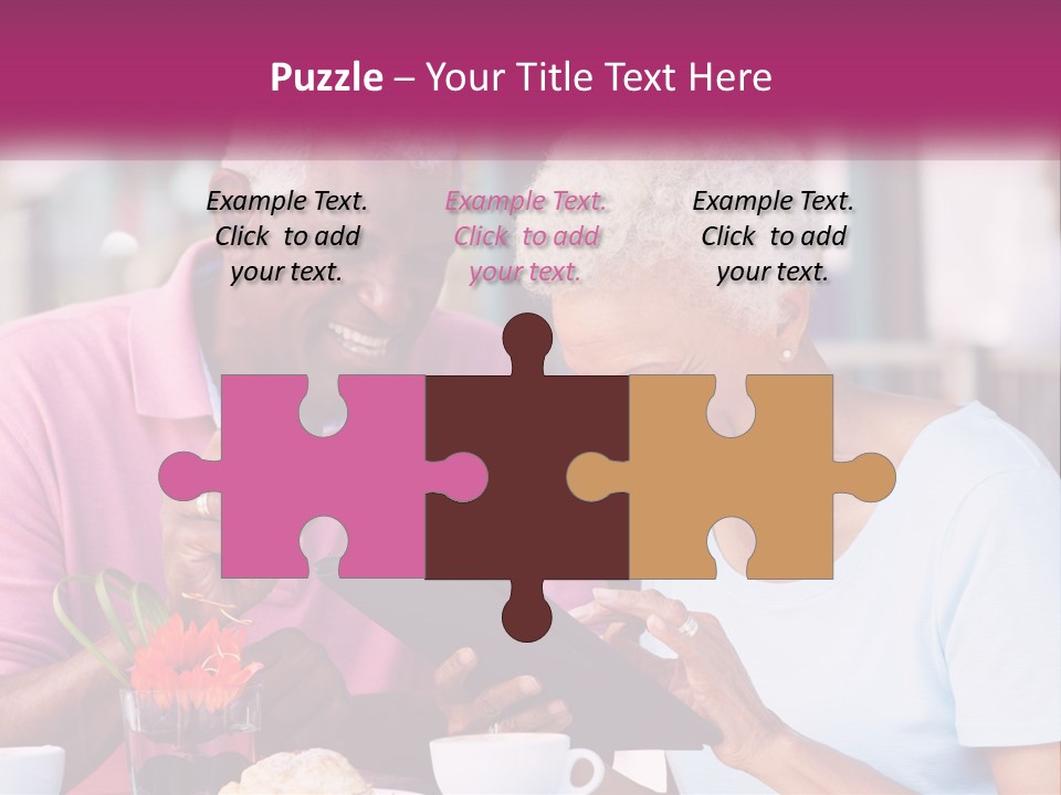 A Man And Woman Sitting At A Table Looking At A Tablet PowerPoint Template