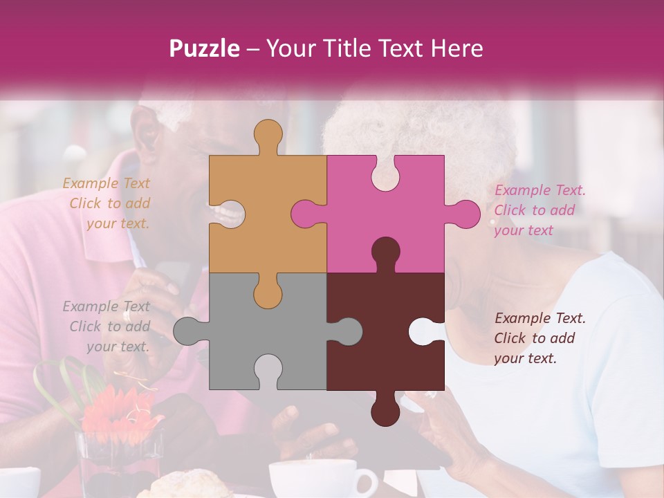A Man And Woman Sitting At A Table Looking At A Tablet PowerPoint Template
