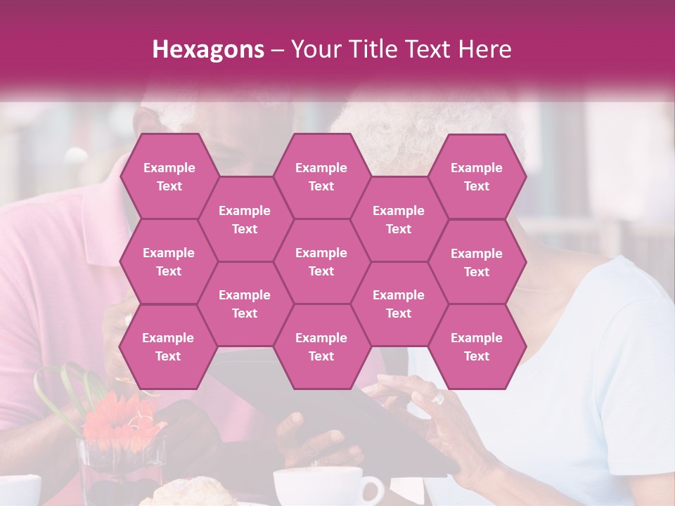 A Man And Woman Sitting At A Table Looking At A Tablet PowerPoint Template