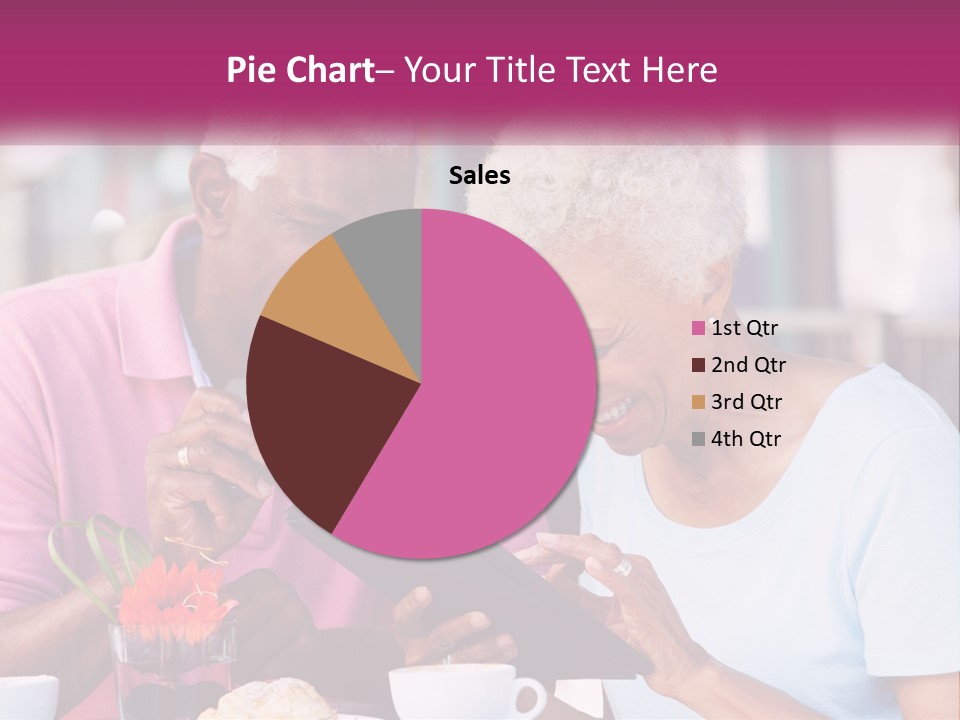 A Man And Woman Sitting At A Table Looking At A Tablet PowerPoint Template