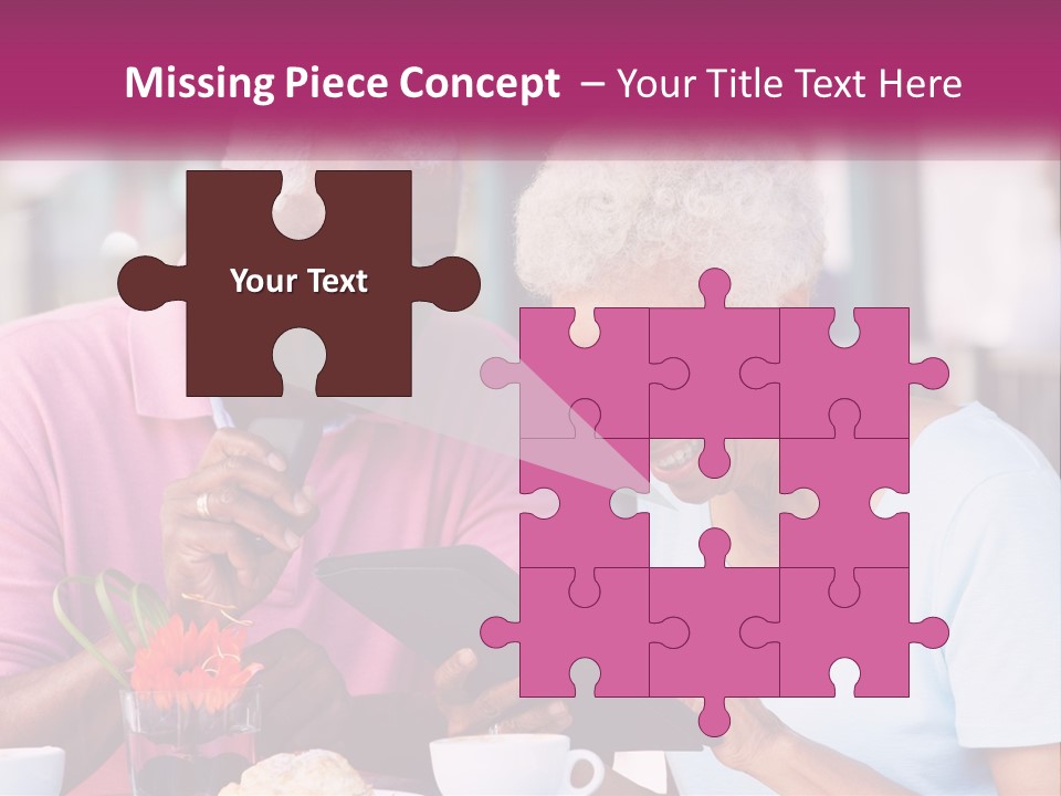 A Man And Woman Sitting At A Table Looking At A Tablet PowerPoint Template