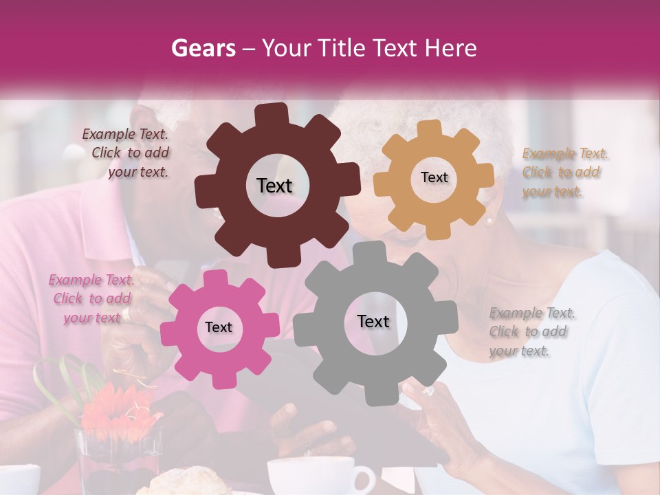 A Man And Woman Sitting At A Table Looking At A Tablet PowerPoint Template