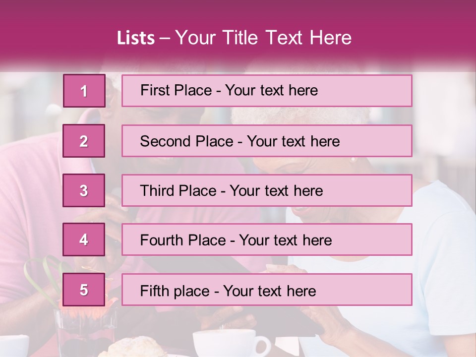 A Man And Woman Sitting At A Table Looking At A Tablet PowerPoint Template