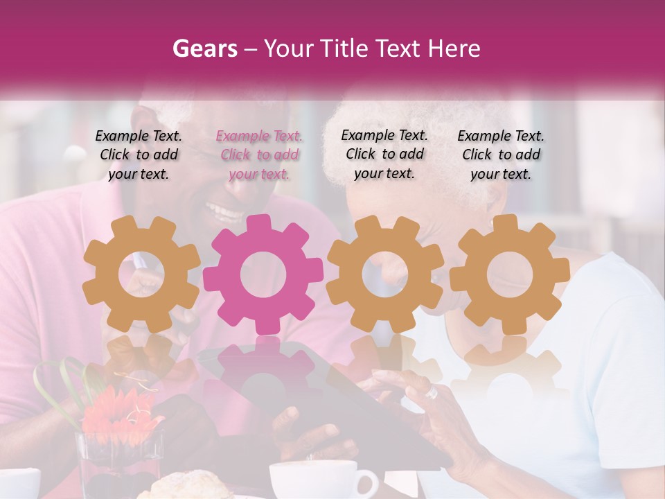 A Man And Woman Sitting At A Table Looking At A Tablet PowerPoint Template