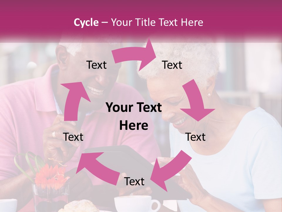 A Man And Woman Sitting At A Table Looking At A Tablet PowerPoint Template